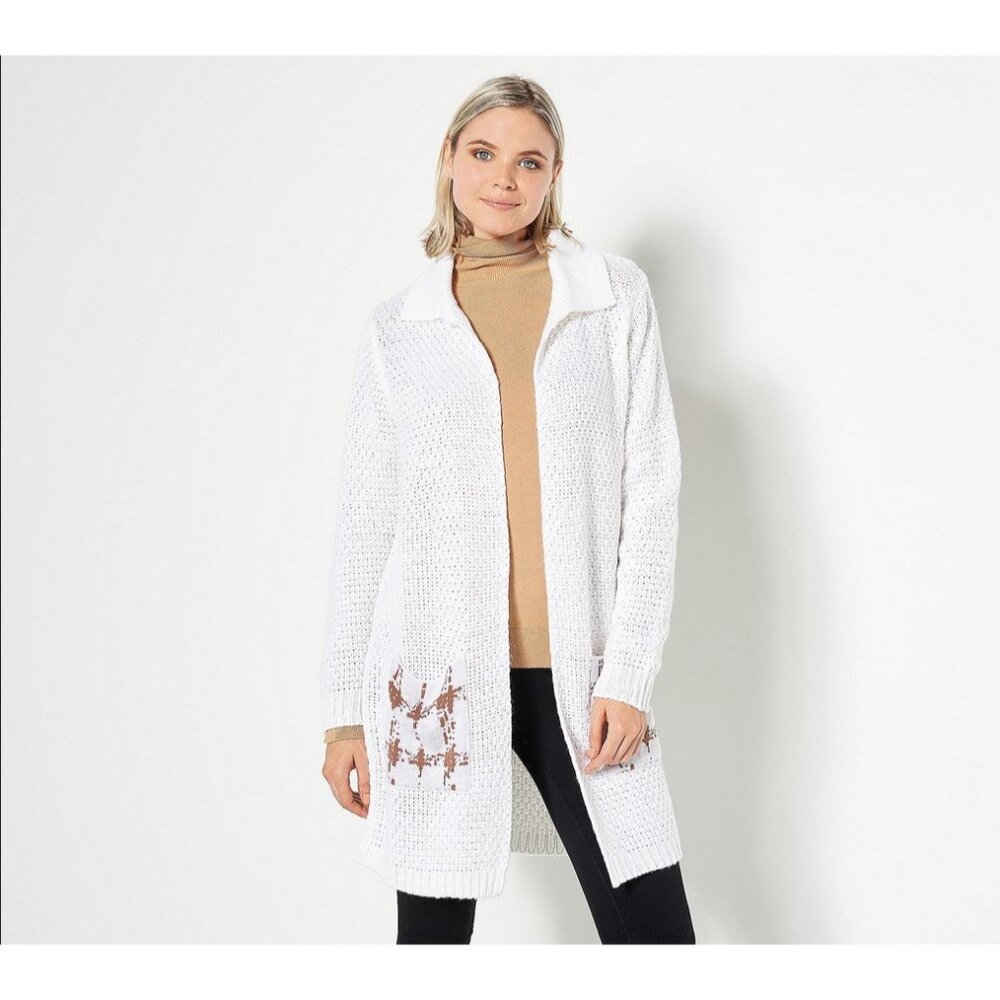 Truth Style Knit Cardigan w/ Woven Patch Pockets Size M Off White A461106 NEW